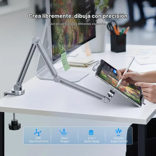 Vista 2 de AboveTEK Soporte para iPad 2 en 1 para escritorio, brazo de aluminio para iPad con abrazadera y cabezal de anillo magnético, soporte ajustable