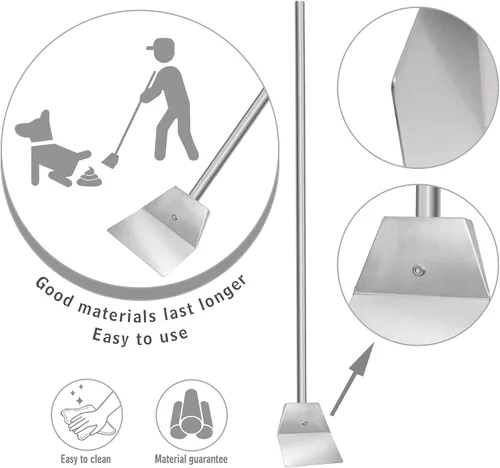 Vista 3 de Recogedor de excrementos de acero inoxidable resistente, pala grande con mango largo, pala de 33.4 pulgadas para residuos de mascotas, limpieza
