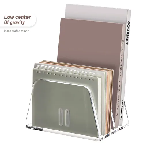 Vista 6 de SANRUI Organizador de correo acrílico para escritorio, soporte vertical para cartas, estantería transparente, 2 ranuras, clasificador de archivos