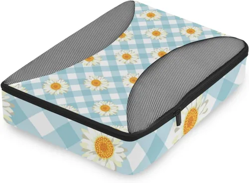 Vista 3 de Juego de 4 cubos de equipaje de viaje, juego de organizadores de equipaje para hombres y mujeres, margaritas florales a cuadros