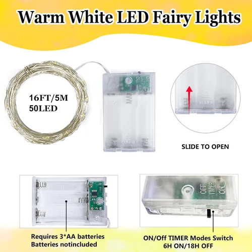 Vista 7 de Paquete de 6 guirnaldas de luces LED de 16 pies, funciona con pilas Blanco cálido