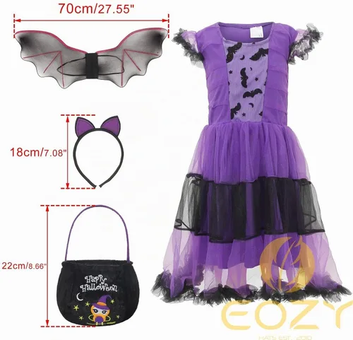 Vista 5 de Disfraz de vampiro de murciélago para niñas, ropa de Halloween para cosplay, vestido morado