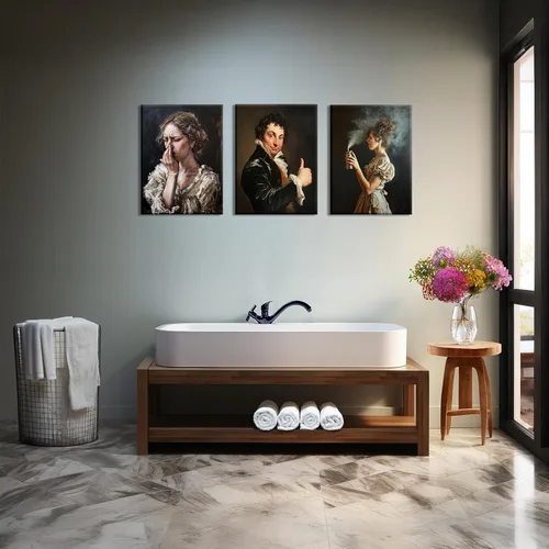 Vista 5 de PAINURA Juego de 3 impresiones en lienzo para pared de baño, retro, vintage, impermeables, perfectas para baño, cocina, sala de estar, dormitorio