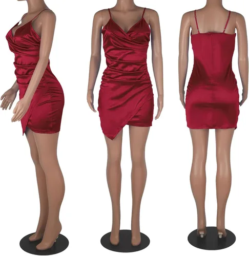 Vista 3 de Fastkoala Vestido sexy de satén con tirantes delgados para mujer, cuello en V, espalda descubierta, entallado, mini vestido de fiesta