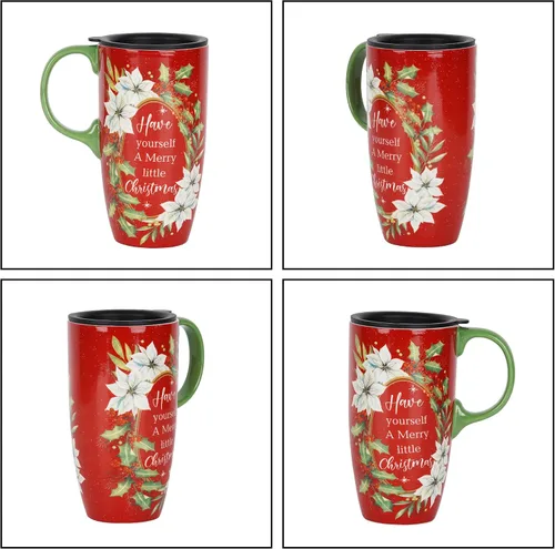 Vista 5 de Topadorn Taza de café de cerámica de 17 onzas con tapa y caja de regalo, taza de té de porcelana roja festiva, apta para microondas y lavavajillas