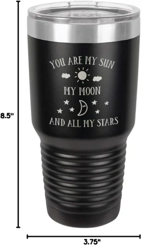Vista 10 de Taza de viaje grabada con grabado en polvo de acero grabado con láser, con texto en inglés "You are MY SUN MY MOON AND ALL MY STARS", sin BPA