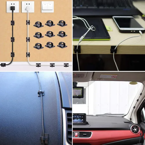 Vista 5 de Clips adhesivos resistentes para cables, paquete de 100 unidades, autoadhesivos, cable de cable, gestión de escritorio para oficina, hogar