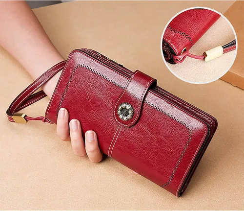 Vista 3 de Cartera de cuero para mujer, cartera de embrague multifunción larga retro de cuero de cera para mujer, Color rojo, Retro