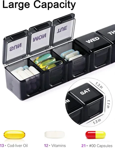 Vista 2 de BUG HULL Organizador semanal de píldoras grande, 2 paquetes, organizadores de píldoras de viaje extra grandes, pastillero de 7 días, estuche
