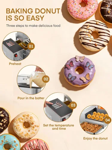 Vista 10 de FOHERE Máquina automática comercial para hacer donas, 1750 W, mini freidora de donas de 4 filas, tolva de 3 litros con control inteligente, 250