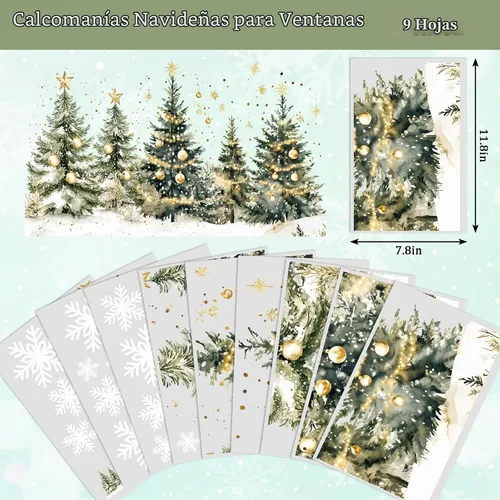 Vista 5 de Whaline 9 hojas de Navidad para ventana, calcomanías para ventana, acuarela, árbol de Navidad, bola de invierno, bosque
