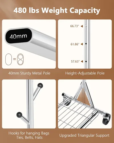 Vista 8 de Hoctieon Perchero de montaje de 1 minuto, 480 libras, percheros de ropa rodantes resistentes con ruedas, perchero plegable para ropa, barra Plata