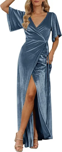 Vista 15 de MEROKEETY Vestido largo de terciopelo con cuello en V para mujer, invitada Negro