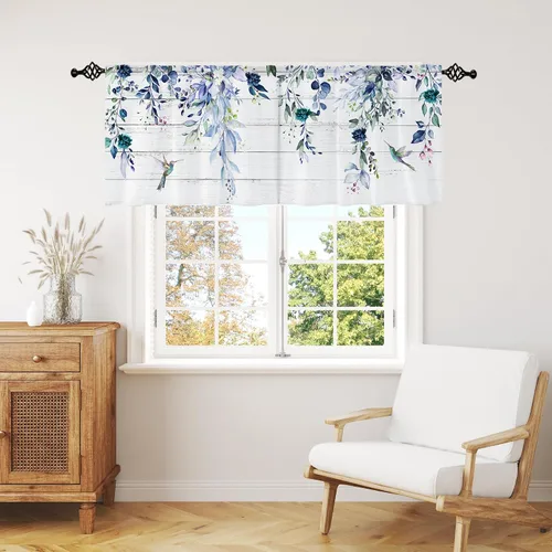 Vista 17 de Cortina de eucalipto negro y gris, cenefa para tratamiento de ventana, estilo bohemio, rústico, floral, bolsillo para barra, cortinas de ventana