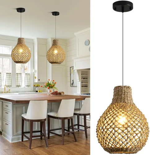Vista 11 de Lámpara colgante de ratán de 3 luces, estilo bohemio, tejido de mimbre, costero, para colgar en el techo, para cocina, isla, sala de estar, comedor