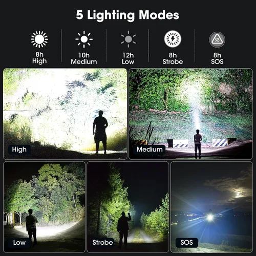 Vista 5 de Paquete de 2 linternas de 99000 lúmenes altos, linterna recargable LED súper brillante, 5 modos, IPX7 impermeable Flah Light para camping, hogar