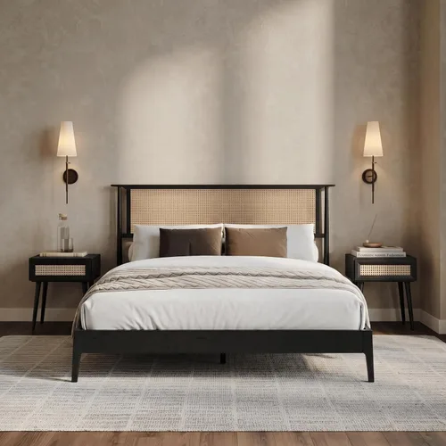 Vista 13 de NTC Marco de Cama de Madera Ruby con Cabecero y Ratán Natural, Base de Madera Sólida de Roble/Caucho con Listones Silenciosos, Capacidad de 1000