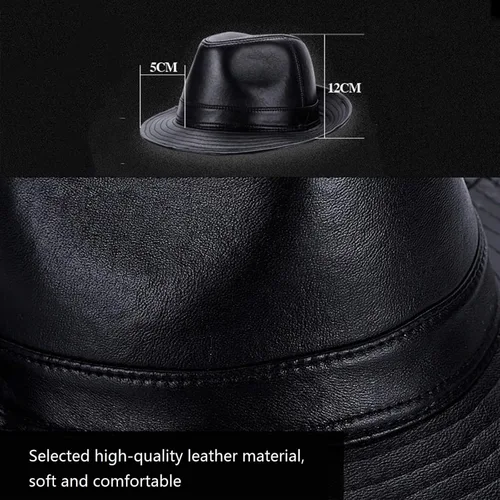 Vista 4 de Sombrero de cuero negro para hombre, sombrero de cuero de oveja vintage, sombrero clásico de cuero de Fedora de caballero para hombre, sombrero