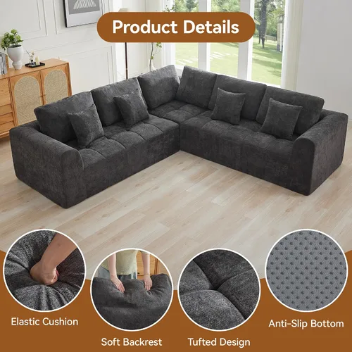 Vista 34 de Sofás seccionales modulares de 110 pulgadas para sala de estar, sofá seccional comprimido sin hueso, sofá de espuma viscoelástica tapizado de 3 Beige