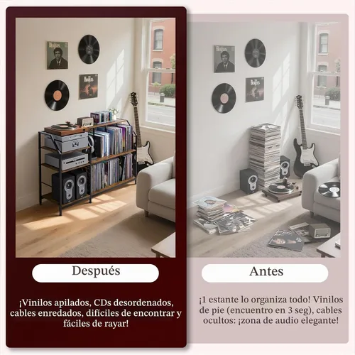 Vista 9 de Faesun - Soporte grande para tocadiscos con almacenamiento de discos de vinilo y tomas de corriente, gabinete de almacenamiento de más de 500 Marrón