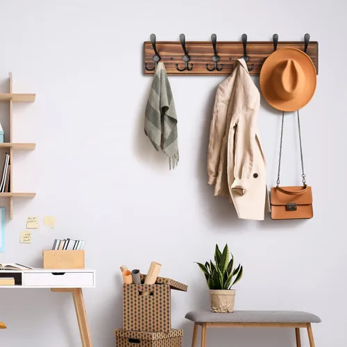 Vista 5 de Perchero de Pared de Montaje en Pared, Perchero de Pared de Madera Resistente para Pared, 6 Ganchos Triples para Colgar Abrigos, Chaqueta, Sombrero