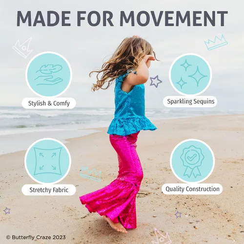 Vista 4 de Butterfly Craze Little Girl's Mermaid Costume, TopDress with Skirt - Perfect for Birthday Parties, Halloween, School Fairs