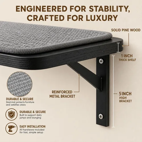 Vista 5 de Estante de Pared para Gatos con Percha de Ventana, Cama Hamaca para Gatos con Almohadilla para Rascar, Estante para Gatos para Trepar, Dormir