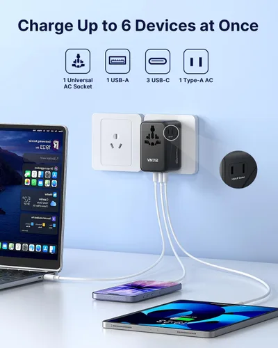 Vista 3 de VINTAR Adaptador de viaje universal GaN de 140 W para Europa/Reino Unido/US 140W negro
