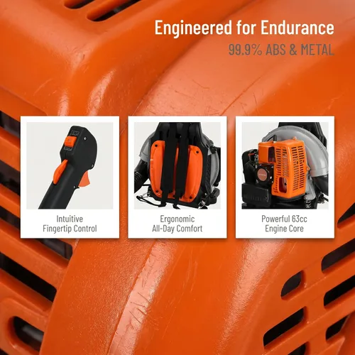 Vista 5 de Soplador de hojas de mochila, soplador de hojas de gas con motor de 2 tiempos 63CC, soplador de hojas de 6800 RPM 665 CFM, soplador de hojas a gas