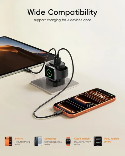 Vista 3 de VRURC Cargador para iPhone y Apple Watch, bloque de carga rápida USB C de 20 W, adaptador de viaje compacto 3 en 1 con 2 puertos para iPhone