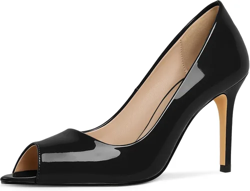 Vista 25 de Eldof Zapatos de tacón alto con punta abierta para mujer, con puntera abierta, para boda, sexy, para novia, clásicos, de 3.5 pulgadas Beige