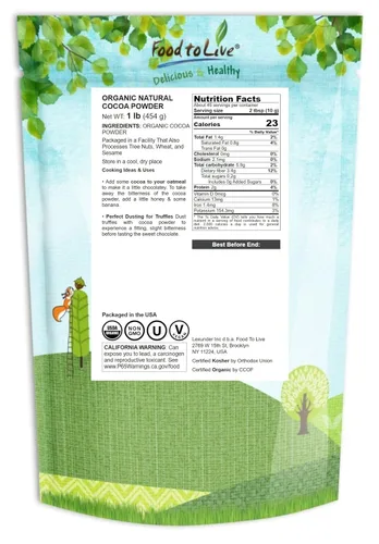 Vista 2 de Food to Live Cacao en polvo orgánico, 1 libra natural, sin azúcar, sin holandés, sin OMG, Kosher, Sirtfood, a granel