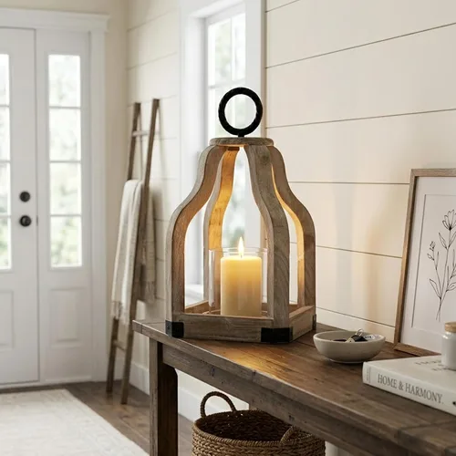 Vista 6 de SWALLOWLIVING Farol Huracán de Madera Rústica de Granja de 13" con Portavelas de Vidrio para Patio, Centro de Mesa, Lavado en Blanco