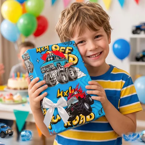 Vista 5 de Burymento Monster Truck Wrapping Paper Roll, Boys Birthday Wrapping Paper