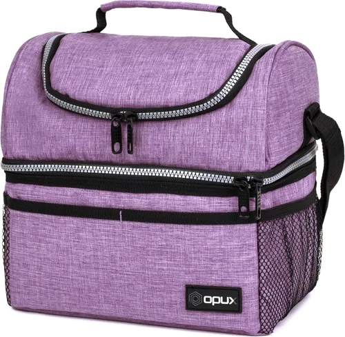 Vista 16 de OPUX Lonchera para hombres y mujeres, bolsa de almuerzo grande aislada para trabajo de adultos, lonchera de dos pisos para preparación de comidas