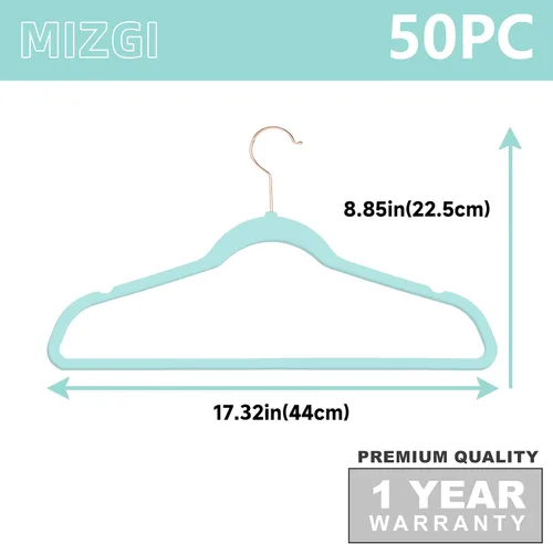 Vista 6 de MIZGI - Perchas de terciopelo premium - de alta resistencia, antideslizantes, (paquete de 50 unidades), ganchos color azul agua y dorado rosa