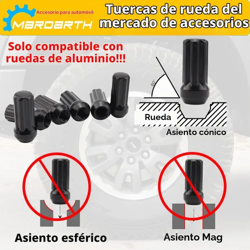 Vista 5 de 24+1 Negro 7 Tuercas Spline Lug M14x1.5 Asiento cónico de extremo cerrado