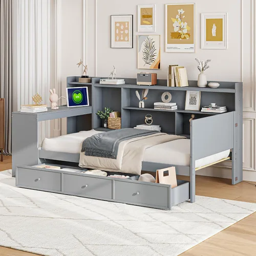Vista 51 de VilroCaz Cama de sofá de tamaño individual de madera con estantes de almacenamiento y escritorio de estudio, estructura de cama de día Blanco
