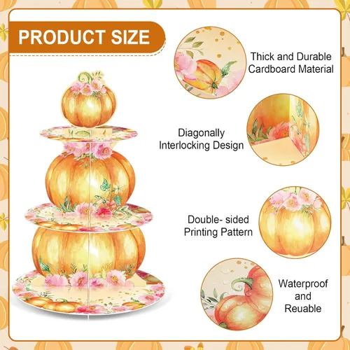 Vista 3 de Zopeal Decoraciones de baby shower de calabaza pequeña de 3 niveles, soporte para cupcakes de otoño, soporte para pastel de calabaza de otoño