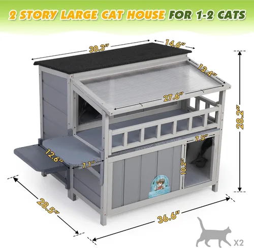 Vista 3 de Refugio para gatos de madera cálida de 2 niveles con techo de luz solar, casa para gatos al aire libre, balcón, plataformas de salto, recinto