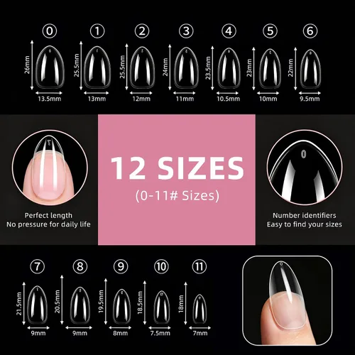 Vista 3 de 504 puntas de uñas medianas de almendra, 12 tamaños, calcomanías de gel suave pre-grabadas de cobertura completa, uñas postizas transparentes a