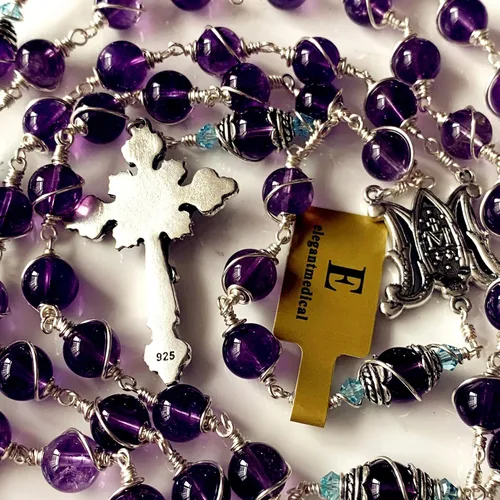 Vista 6 de elegantmedical Collar hecho a mano con cuentas de rosario de amatista envueltas en alambre de plata de ley 925 y caja de regalo, Plata esterlina