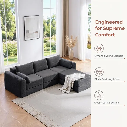 Vista 6 de Juego de sofás modulares deshuesados seccionales de 100 pulgadas para sala de estar, sofá modular tapizado en forma de L movible con 5 almohadas Gris