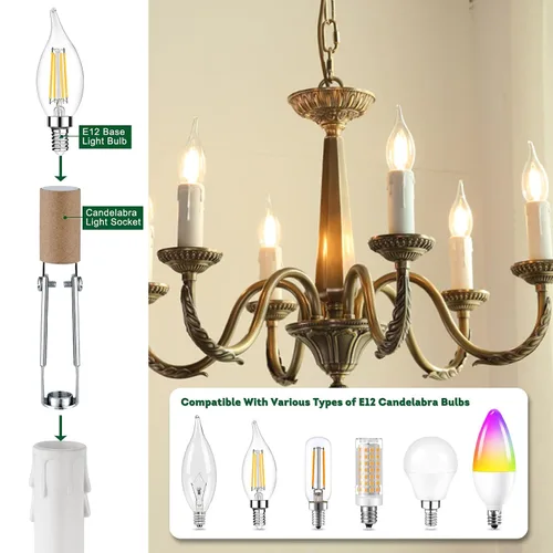Vista 5 de Candelabro E12 - Enchufe de luz de cerámica ajustable de longitud para iluminación de candelabro, portalámparas de candelabro con fundas blancas