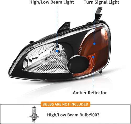 Vista 2 de DWVO - Conjunto de faros delanteros compatible con Civic 2001 2002 2003, repuesto de faro, carcasa negra, reflector ámbar, par Driver and