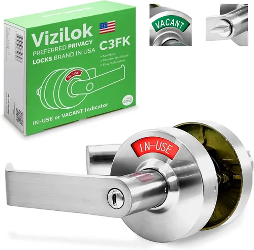 Vista 14 de VIZILOK Cerradura de puerta comercial para privacidad del baño, seguridad, indicador de ocupación vacante estándar en cromo satinado, grado ANSi 2