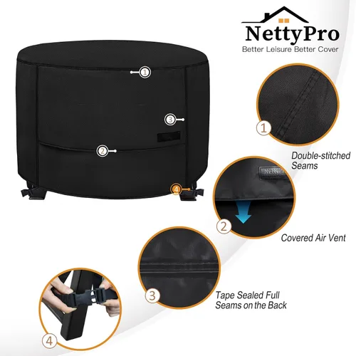 Vista 5 de NettyPro Cubierta para Fogata Redonda Impermeable para Exteriores Cubierta para Fogata para Mesa de Fogata de Gas Propano, 28 x 18 pulgadas, Negro