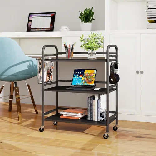 Vista 7 de HDANI Carrito de metal rodante de 3 niveles, carrito multiusos de alta capacidad resistente para oficina, cocina, sala de estar, dormitorio, negro