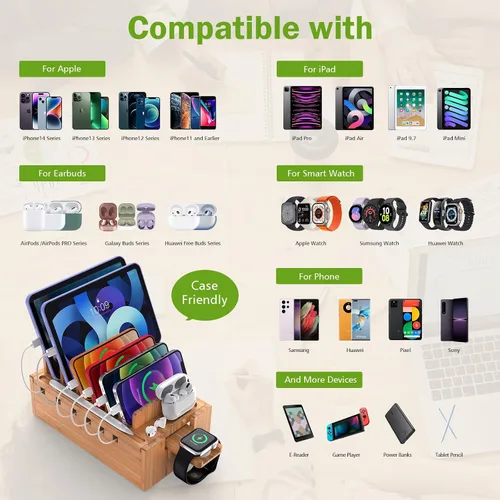 Vista 5 de Estación de carga de bambú Pezin & Hulin con 5 puertos USB y 5 cables All-in-One, 5-Port USB HUB Included, 8-Device Organizer, Natural Bamboo, #1