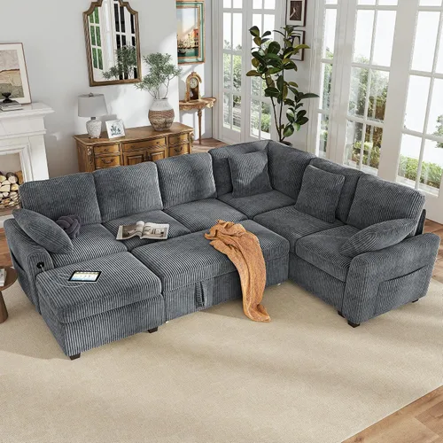 Vista 33 de Hanherry - Sofá seccional con sofá cama extraíble, sofá cama de chenilla con 2 asientos de almacenamiento y carga USB, cómodos sofás modulares